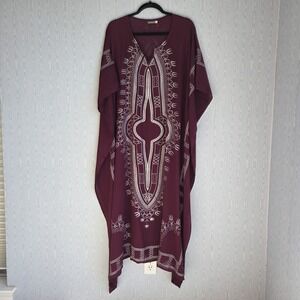 Earthbound Trading Large Kaftan Caftan Dress Burgundy Printed Rayon Beach Boho